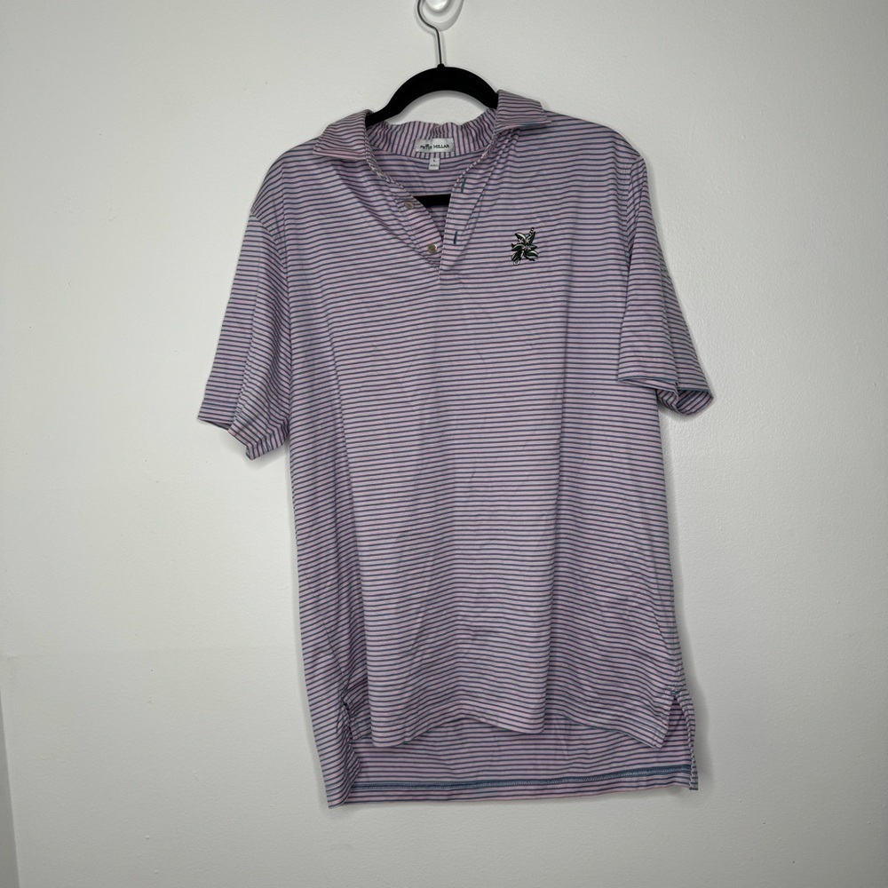 Peter Millar pink blue stripe floral logo short sleeve polo large